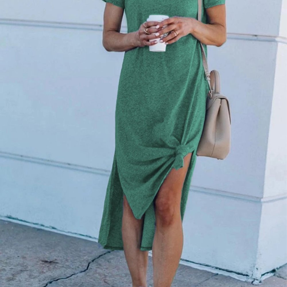 Green Casual Short Sleeve T-shirt Midi Dress with High Splits - Picture 2 of 14